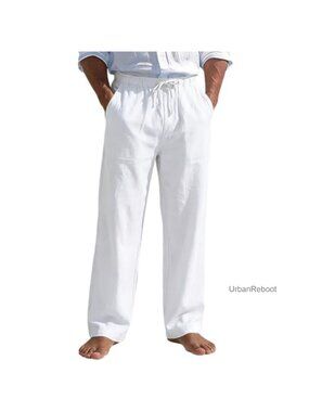 Men's Linen Casual Pants with Elastic Waist and Drawstring - Summer Beach Pant